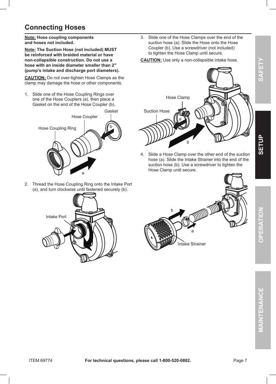 Connecting hoses, Safety opera tion maintenance setup | Harbor Freight Tools Pacific Hydrostar 212cc Gasoline Powered Clear Water Pump 69774 User Manual | Page 7 / 24