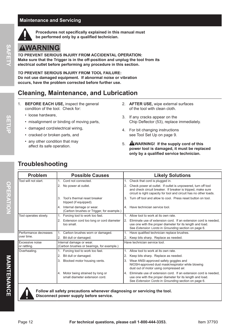 Cleaning, maintenance, and lubrication, Troubleshooting, Safet y o pera tion m aintenan c e setup | Maintenance and servicing, Problem possible causes likely solutions | Harbor Freight Tools 37793 User Manual | Page 12 / 16