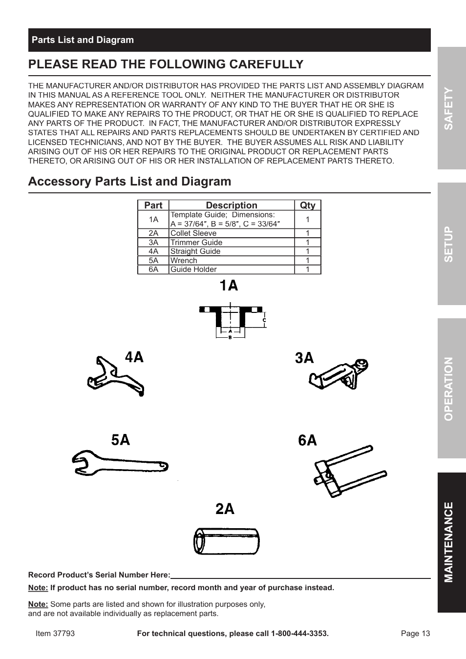 Accessory parts list and diagram, Safet y o pera tion m aintenan c e setup | Harbor Freight Tools 37793 User Manual | Page 13 / 16