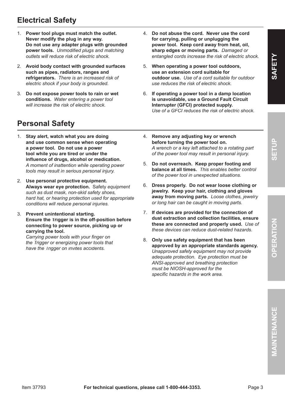 Electrical safety, Personal safety, Safet y o pera tion m aintenan c e setup | Harbor Freight Tools 37793 User Manual | Page 3 / 16