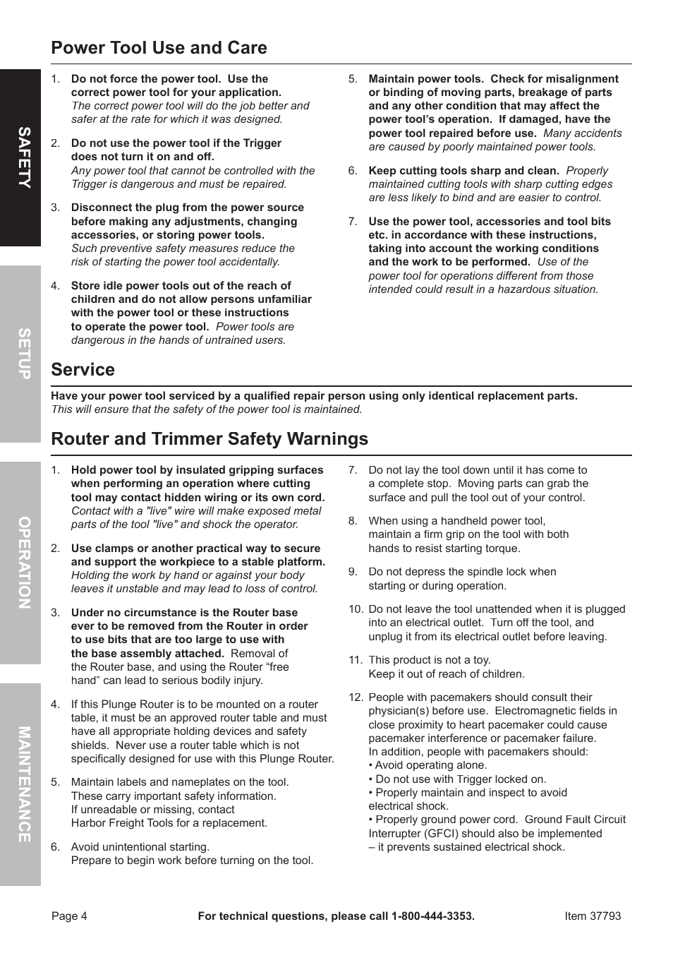 Power tool use and care, Service, Router and trimmer safety warnings | Safet y o pera tion m aintenan c e setup | Harbor Freight Tools 37793 User Manual | Page 4 / 16