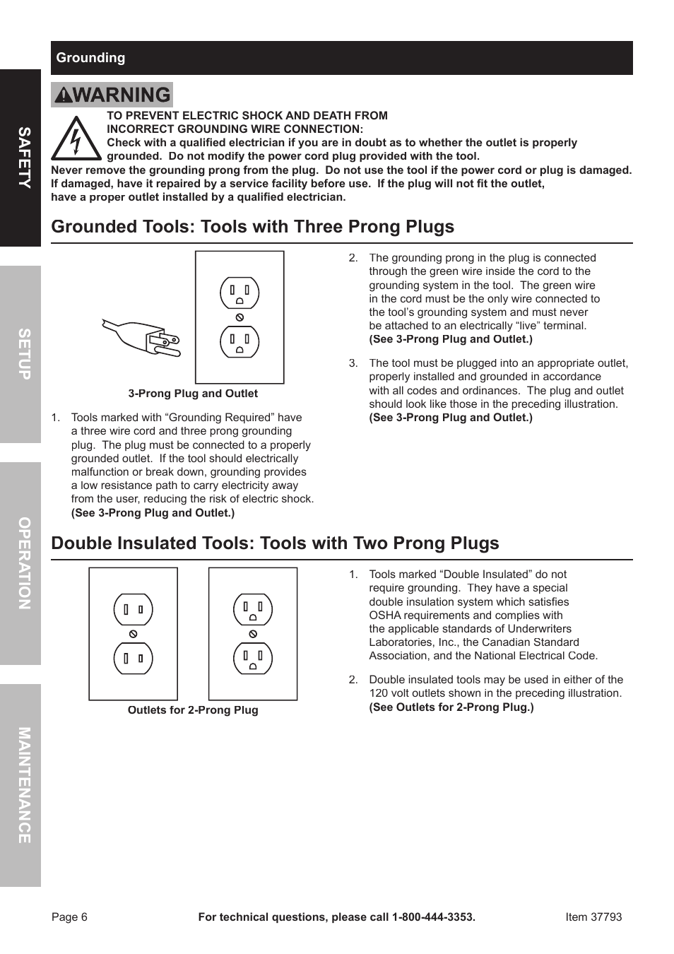 Grounded tools: tools with three prong plugs, Double insulated tools: tools with two prong plugs, Safet y o pera tion m aintenan c e setup | Harbor Freight Tools 37793 User Manual | Page 6 / 16