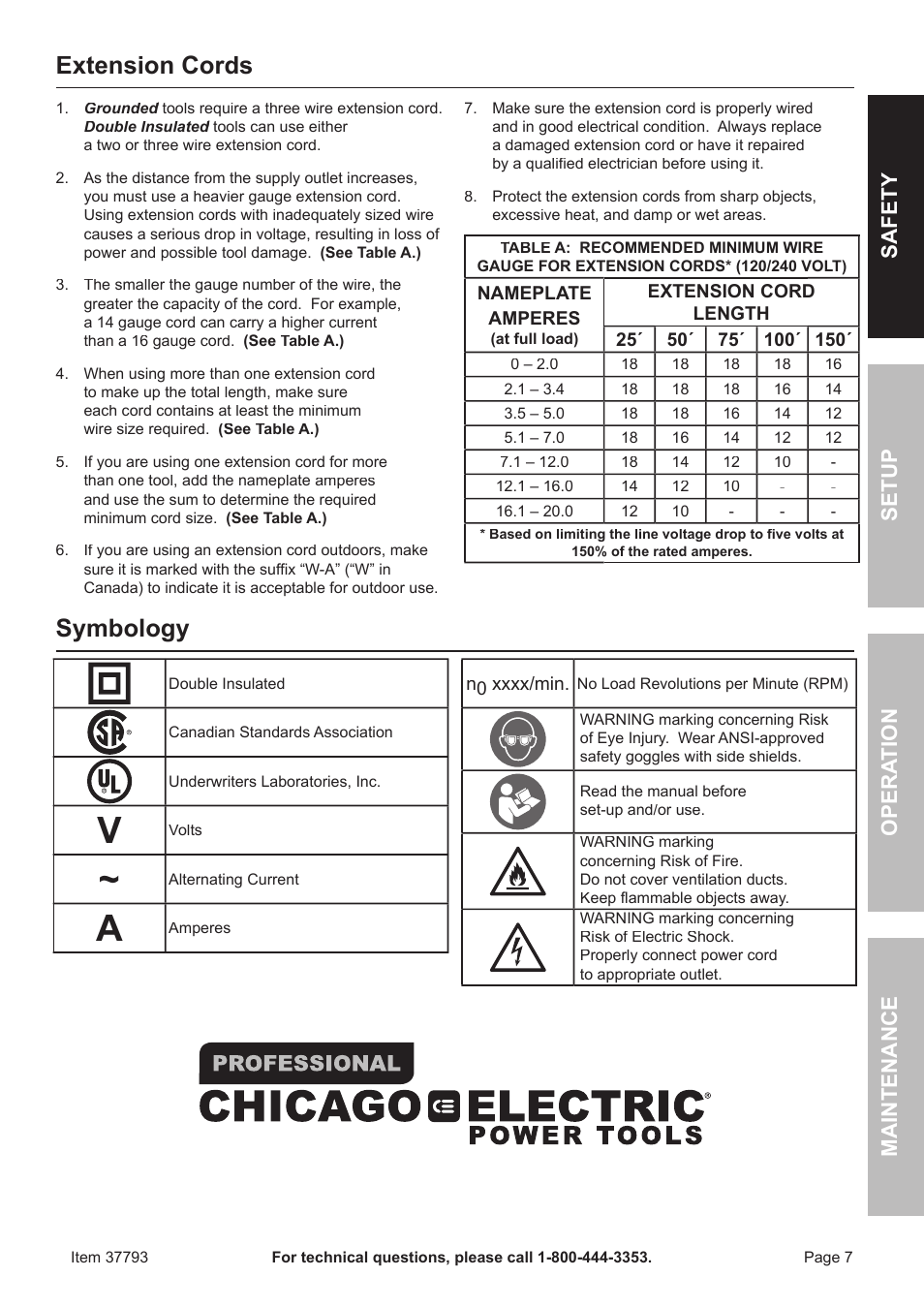 Extension cords, Symbology, Safet y o pera tion m aintenan c e setup | Harbor Freight Tools 37793 User Manual | Page 7 / 16