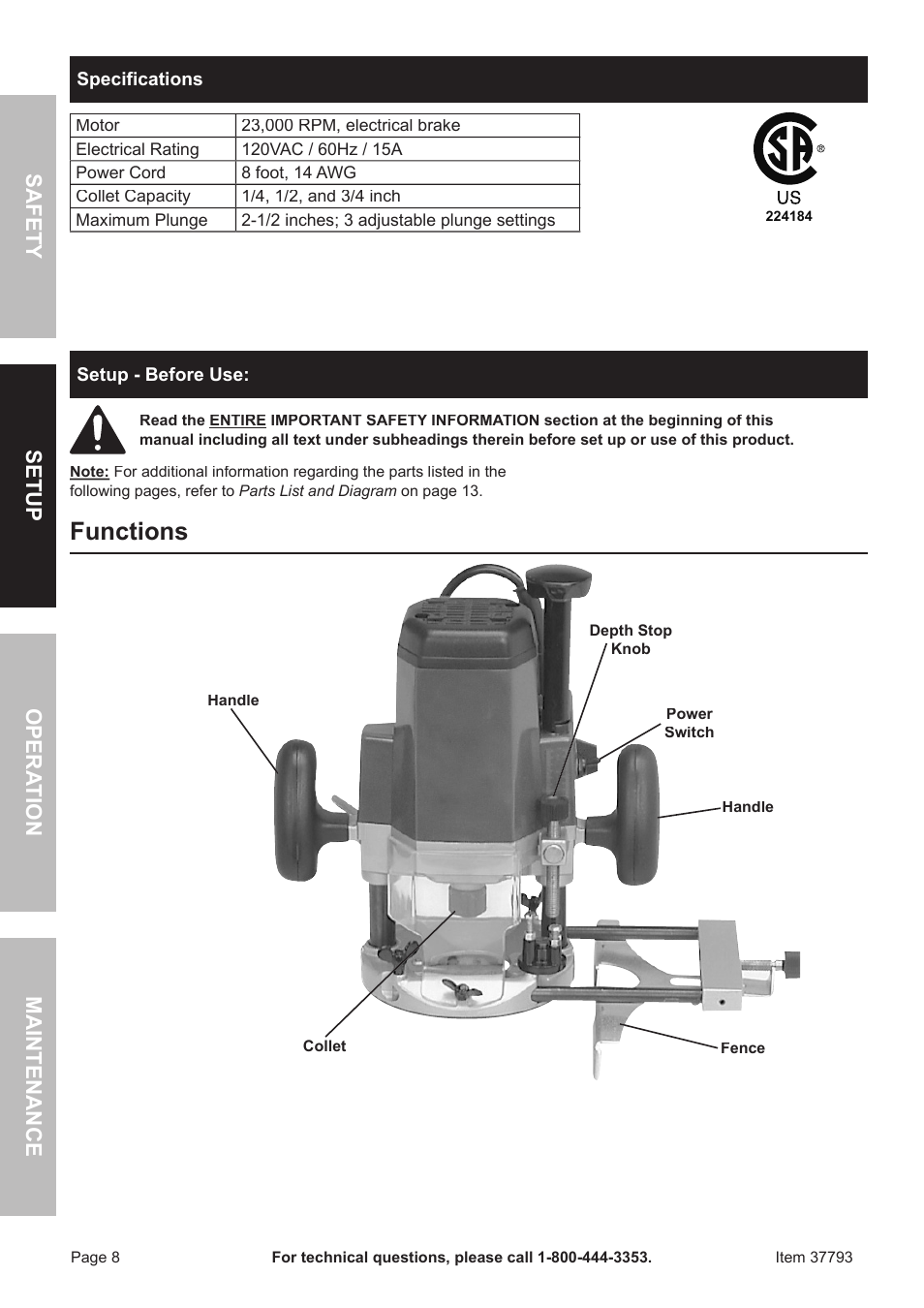 Functions, Safet y o pera tion m aintenan c e setup | Harbor Freight Tools 37793 User Manual | Page 8 / 16