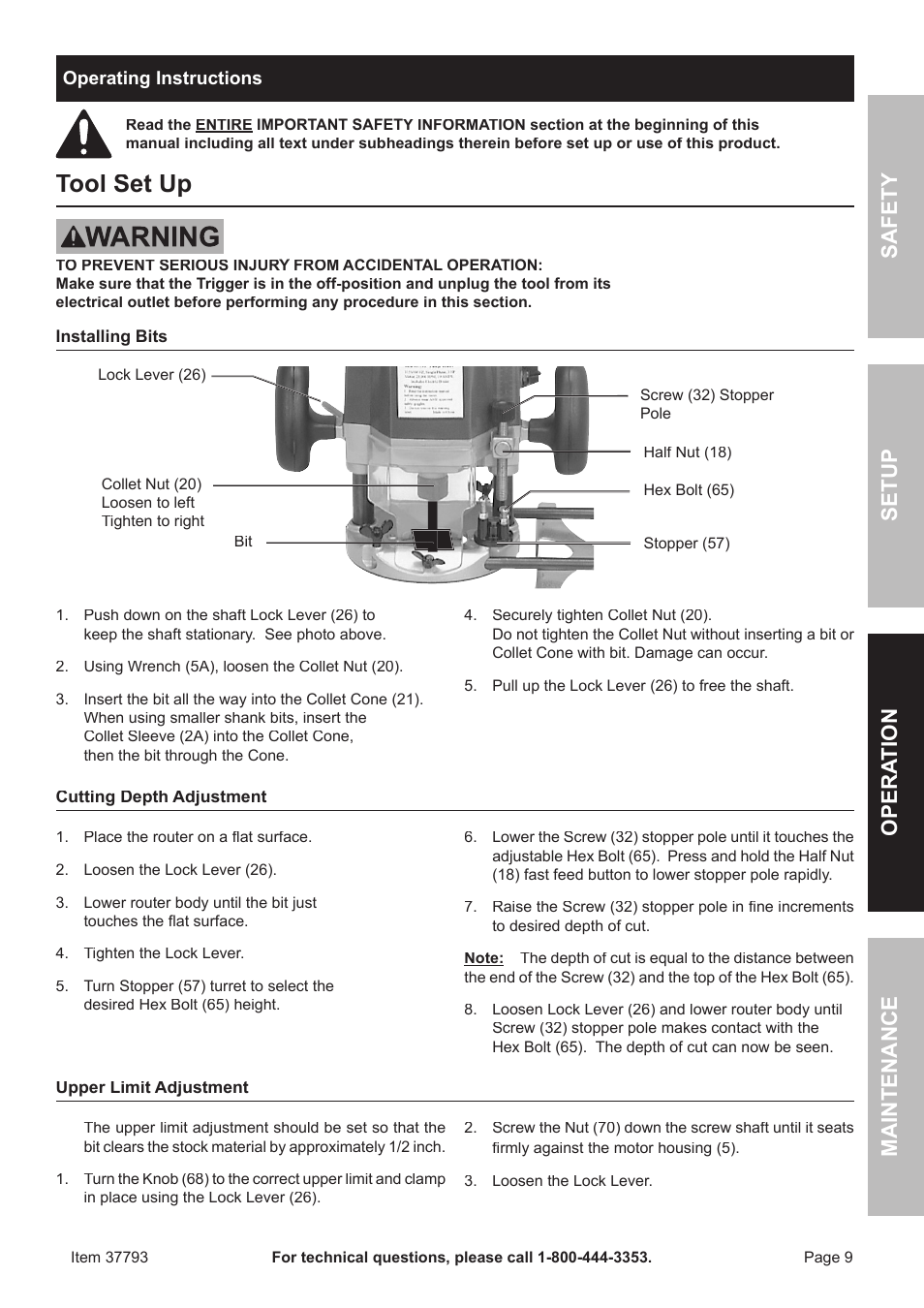 Tool set up, Safet y o pera tion m aintenan c e setup | Harbor Freight Tools 37793 User Manual | Page 9 / 16