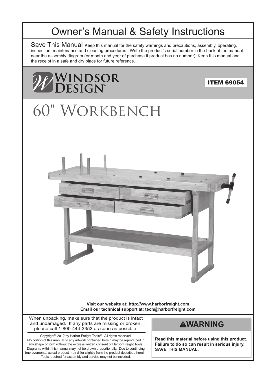 Harbor Freight Tools Windsor Design 60" Workbench 69054 User Manual | 12 pages