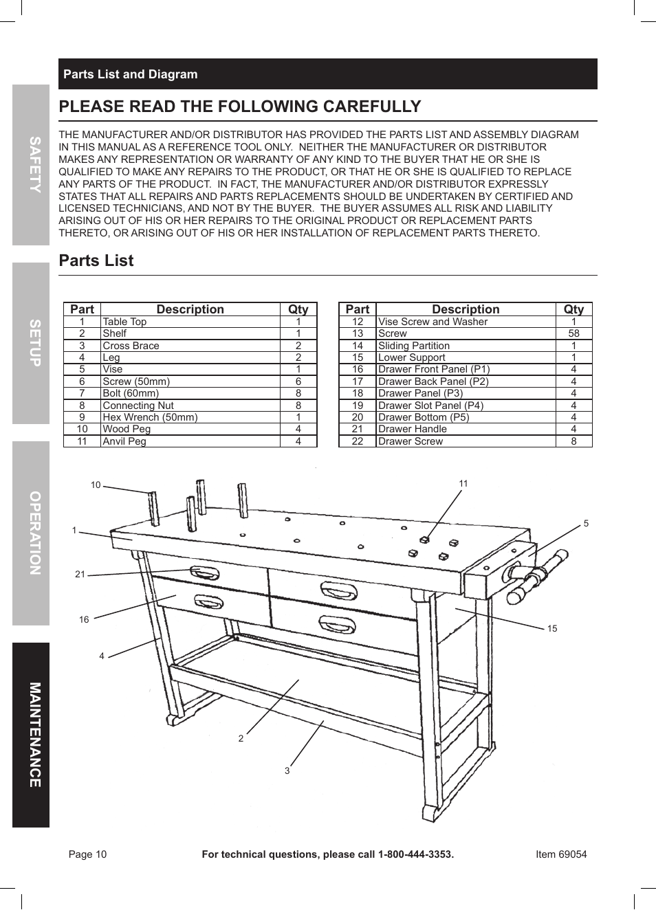 Please read the following carefully, Parts list | Harbor Freight Tools Windsor Design 60" Workbench 69054 User Manual | Page 10 / 12