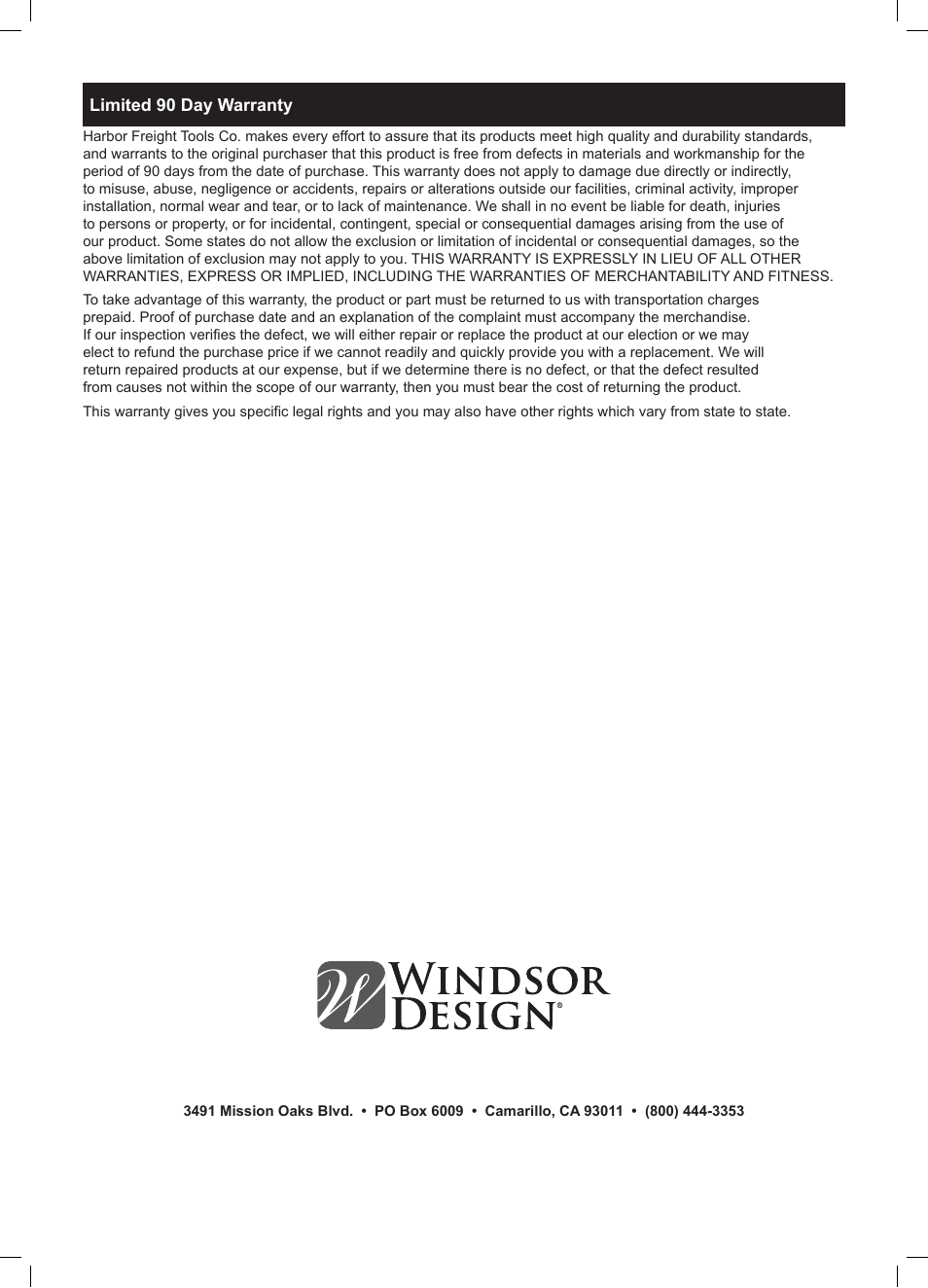 Harbor Freight Tools Windsor Design 60" Workbench 69054 User Manual | Page 12 / 12