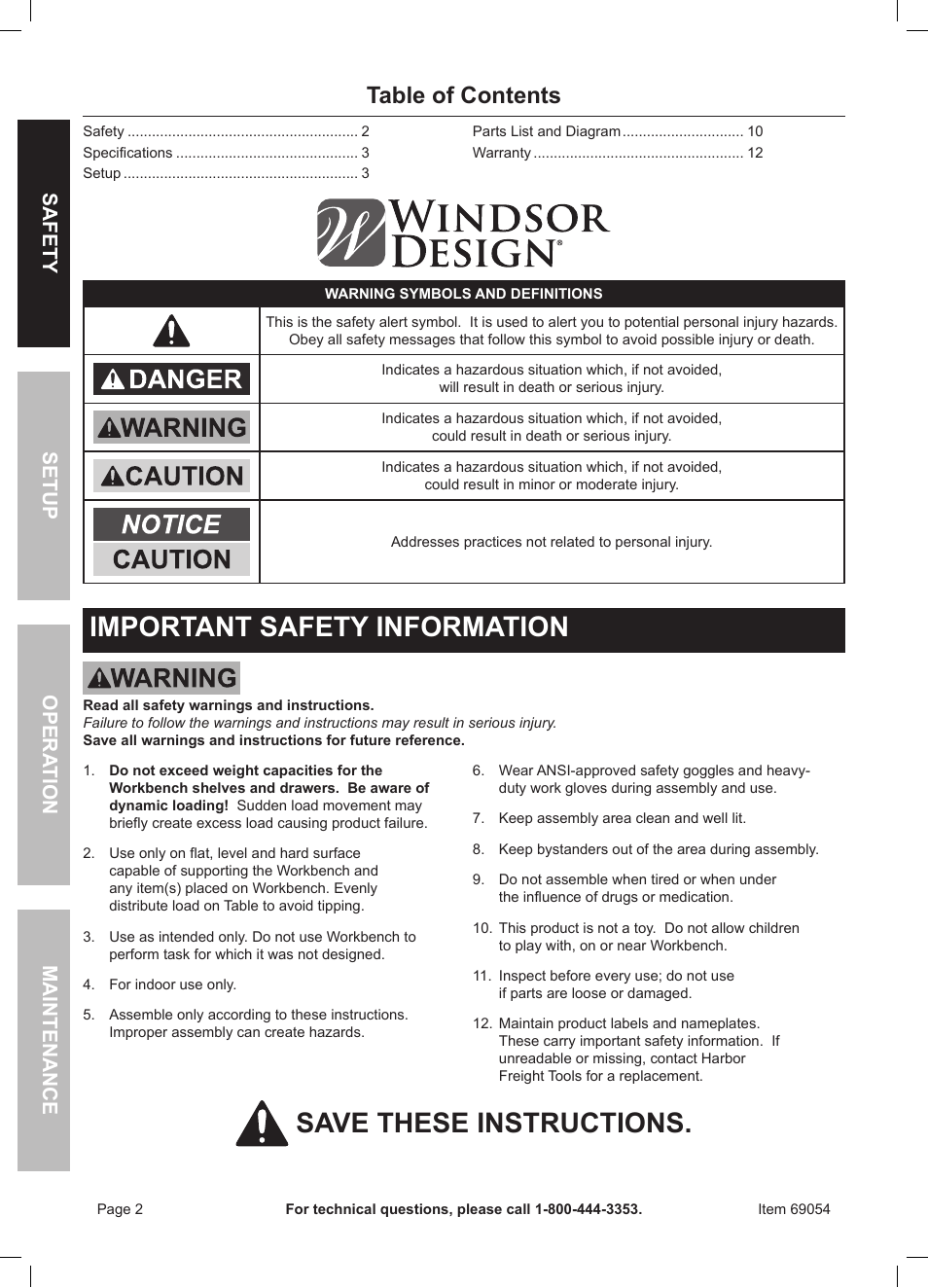 Harbor Freight Tools Windsor Design 60" Workbench 69054 User Manual | Page 2 / 12