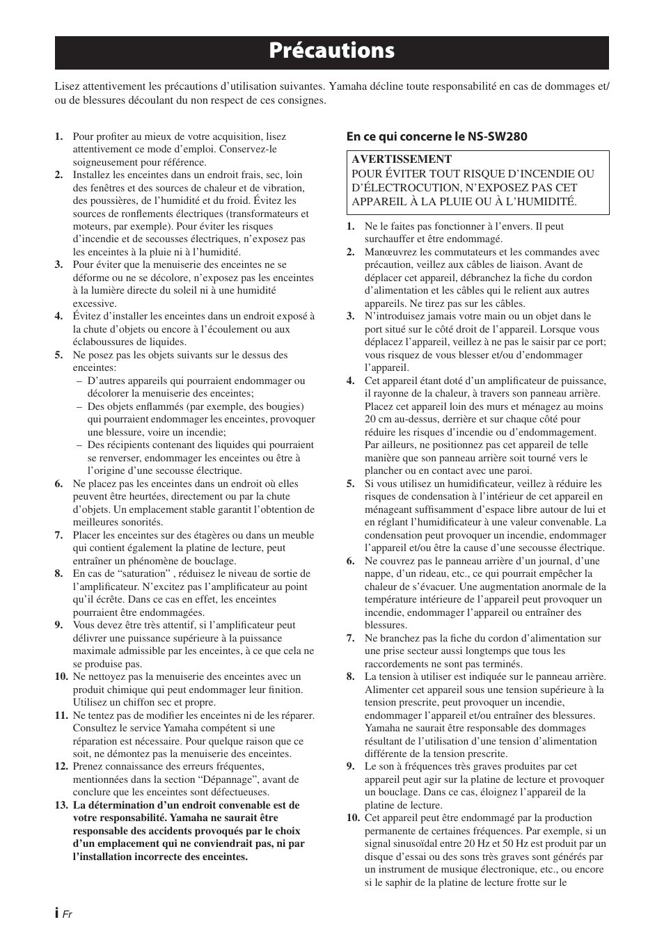 Français, Précautions | Yamaha NS-P280 User Manual | Page 10 / 68