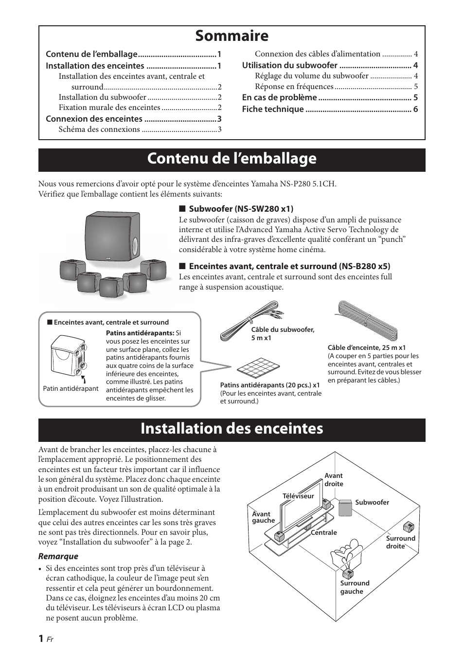 Sommaire, Contenu de l’emballage, Installation des enceintes | Contenu de l’emballage sommaire | Yamaha NS-P280 User Manual | Page 12 / 68