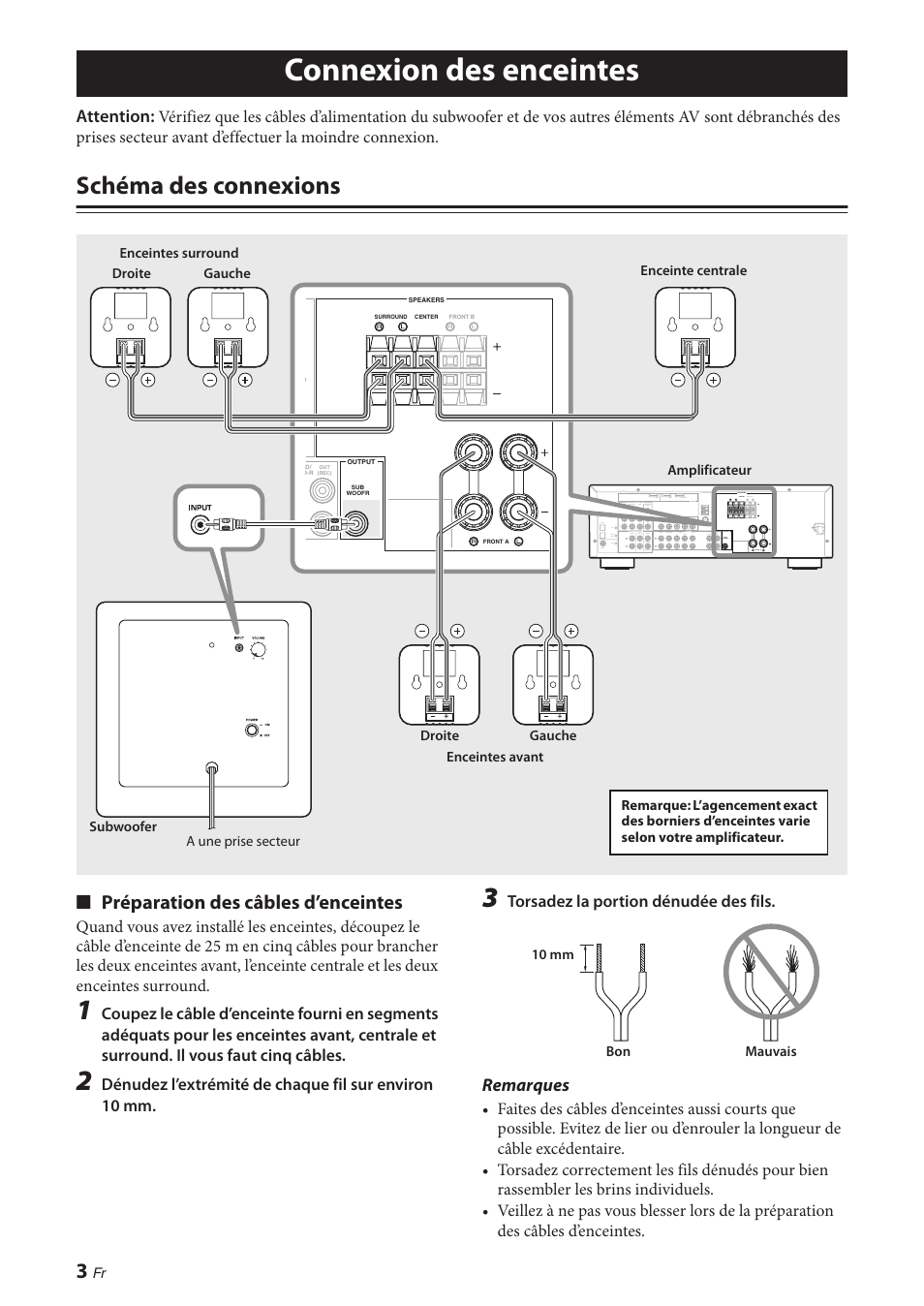 Connexion des enceintes, Schéma des connexions, Préparation des câbles d’enceintes | Attention, Remarques | Yamaha NS-P280 User Manual | Page 14 / 68