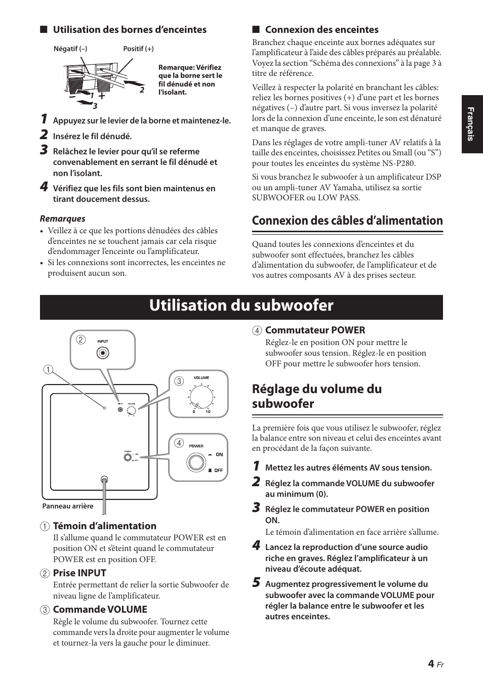 Connexion des câbles d’alimentation, Utilisation du subwoofer, Réglage du volume du subwoofer | Yamaha NS-P280 User Manual | Page 15 / 68