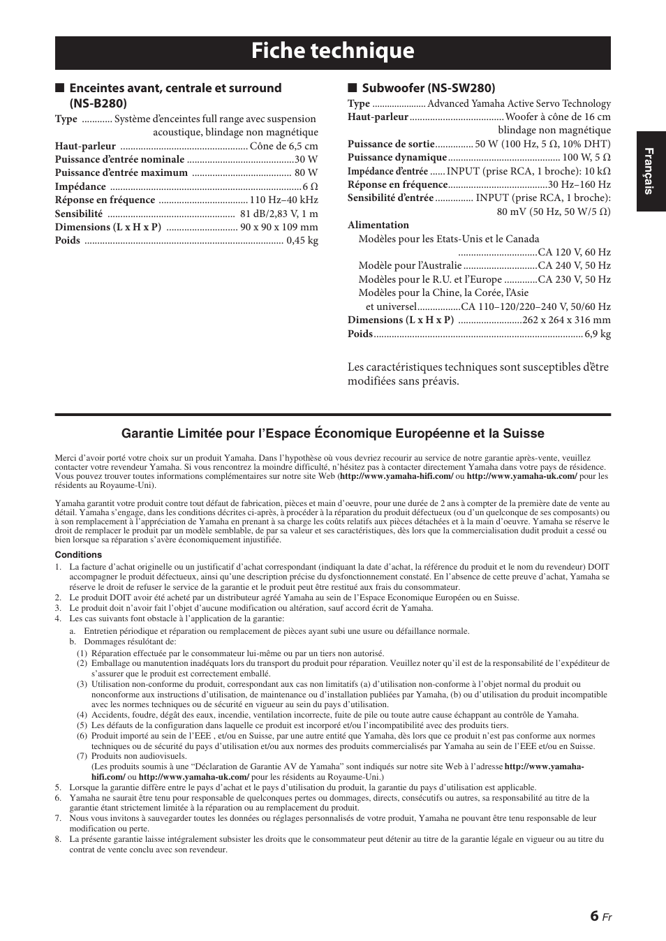 Fiche technique | Yamaha NS-P280 User Manual | Page 17 / 68