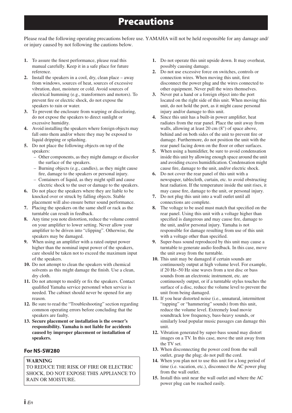 English, Precautions | Yamaha NS-P280 User Manual | Page 2 / 68