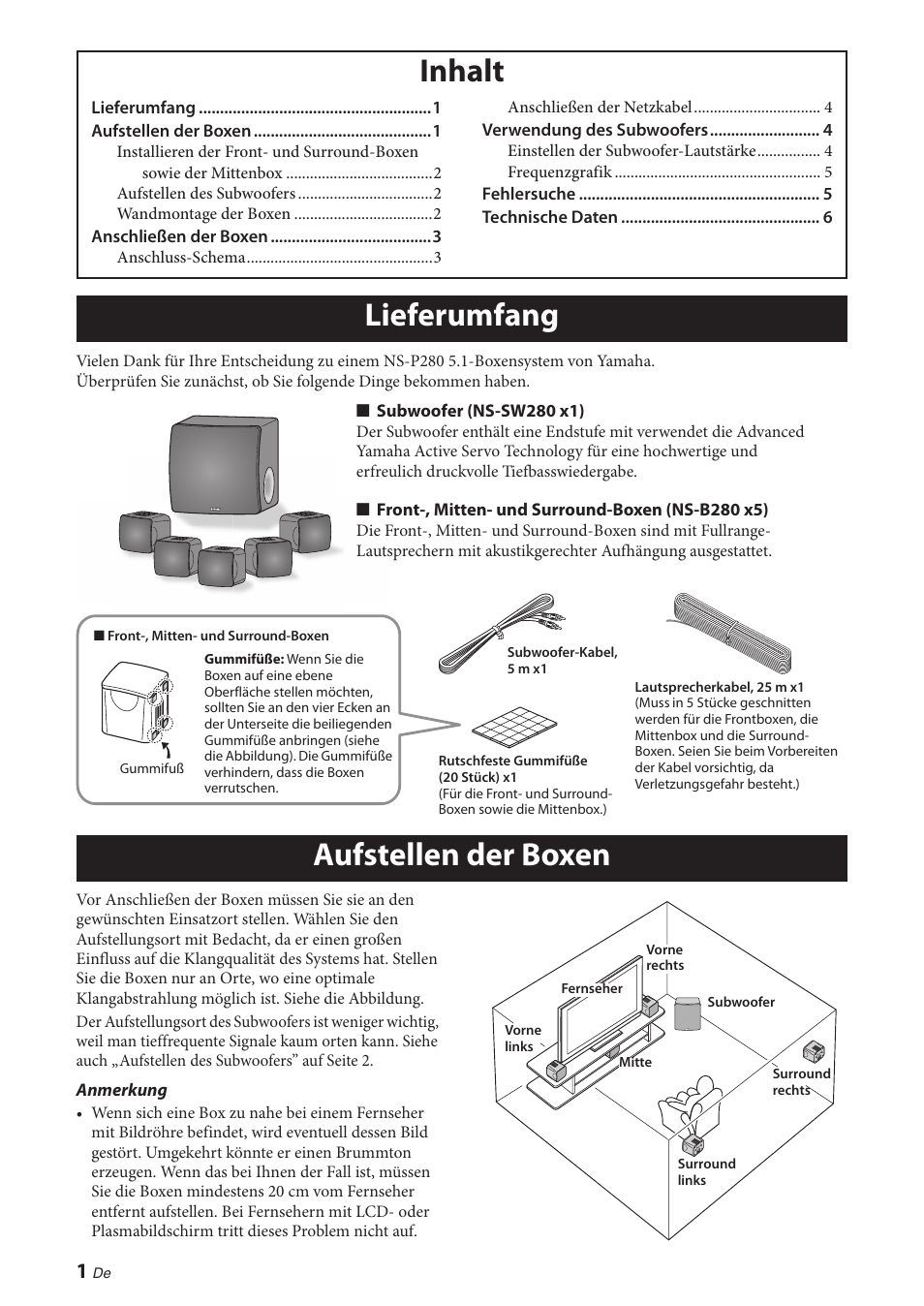 Inhalt, Lieferumfang, Aufstellen der boxen | Lieferumfang inhalt | Yamaha NS-P280 User Manual | Page 20 / 68