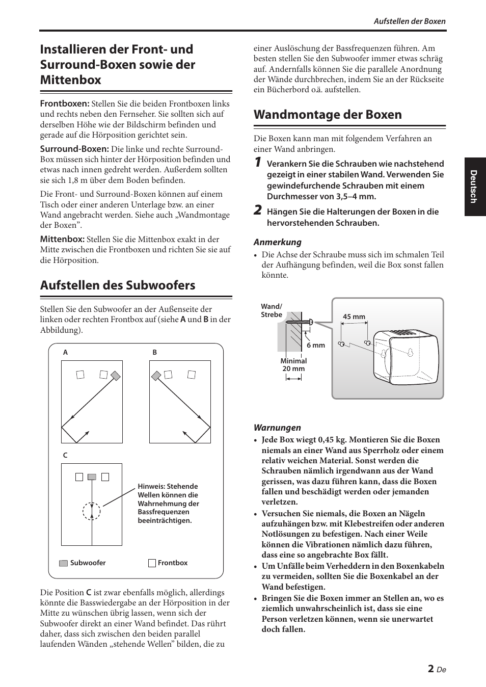 Aufstellen des subwoofers, Wandmontage der boxen, Aufstellen des subwoofers” auf seite 2 | Installieren der front- und surround-boxen, Sowie der mittenbox, Aufstellen des subwoofers wandmontage der boxen | Yamaha NS-P280 User Manual | Page 21 / 68