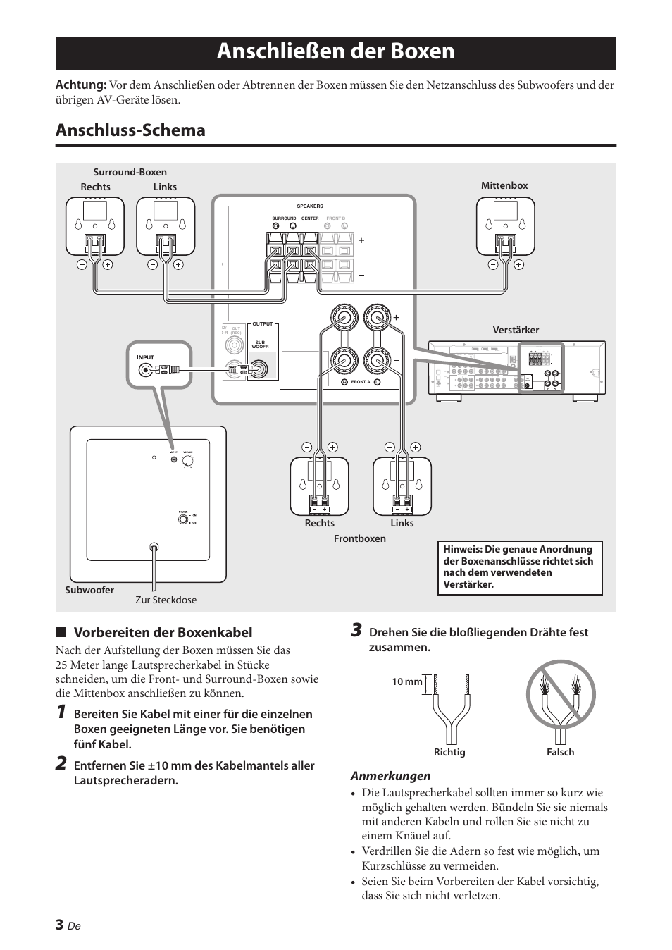 Anschließen der boxen, Anschluss-schema, Vorbereiten der boxenkabel | Achtung, Anmerkungen | Yamaha NS-P280 User Manual | Page 22 / 68