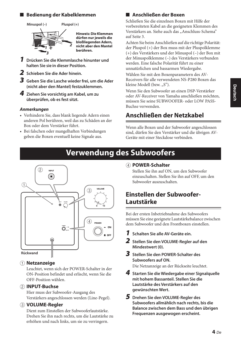 Anschließen der netzkabel, Verwendung des subwoofers, Einstellen der subwoofer- lautstärke | Einstellen der subwoofer-lautstärke | Yamaha NS-P280 User Manual | Page 23 / 68