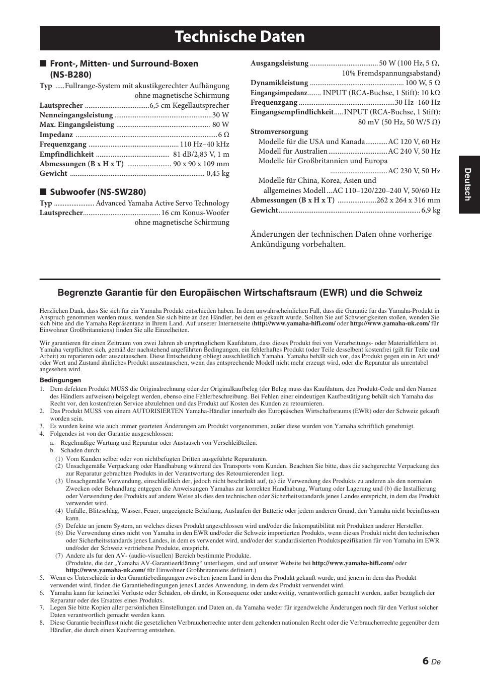 Technische daten, Front-, mitten- und surround-boxen (ns-b280), Subwoofer (ns-sw280) | Yamaha NS-P280 User Manual | Page 25 / 68