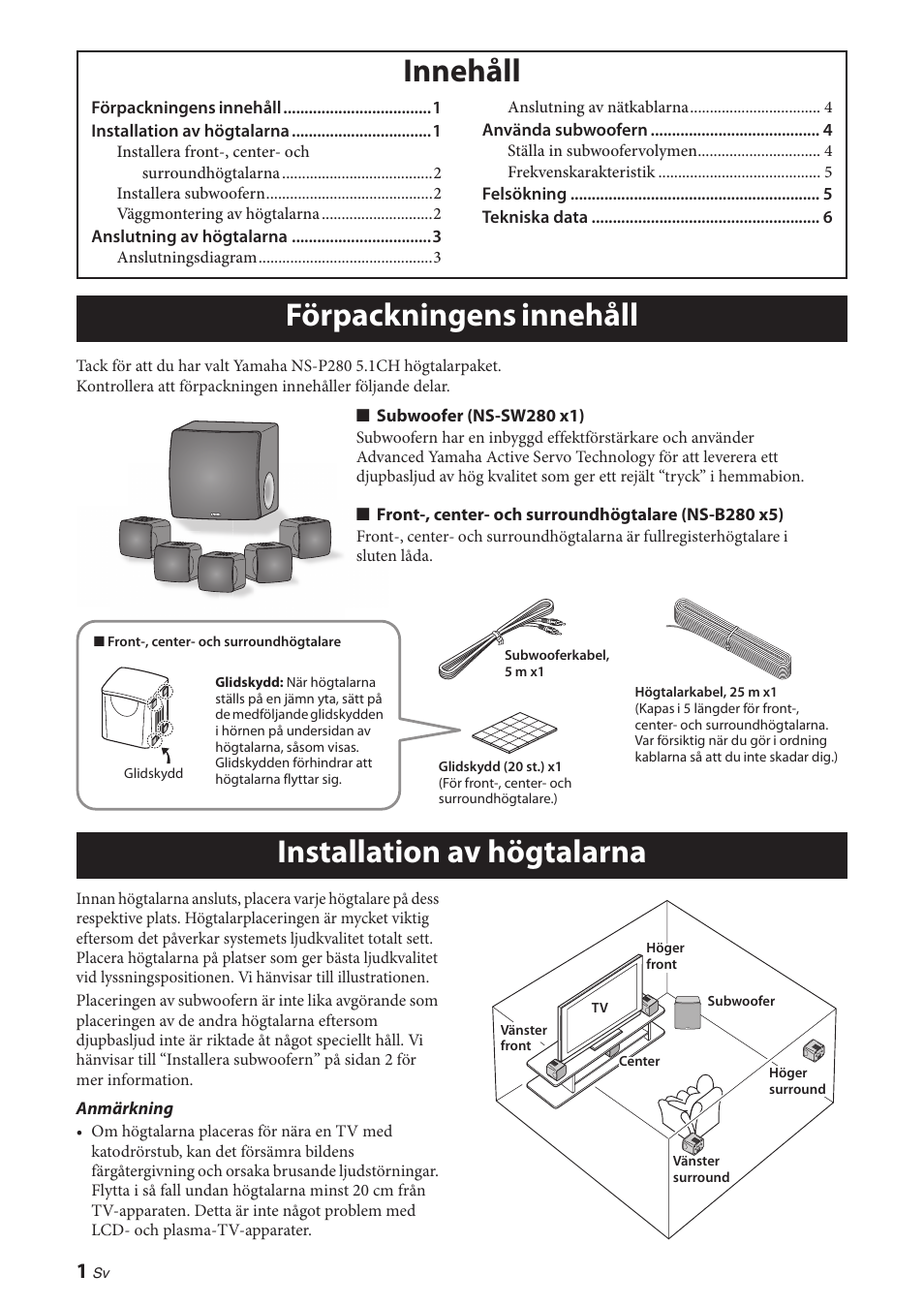 Innehåll, Förpackningens innehåll, Installation av högtalarna | Förpackningens innehåll innehåll | Yamaha NS-P280 User Manual | Page 28 / 68