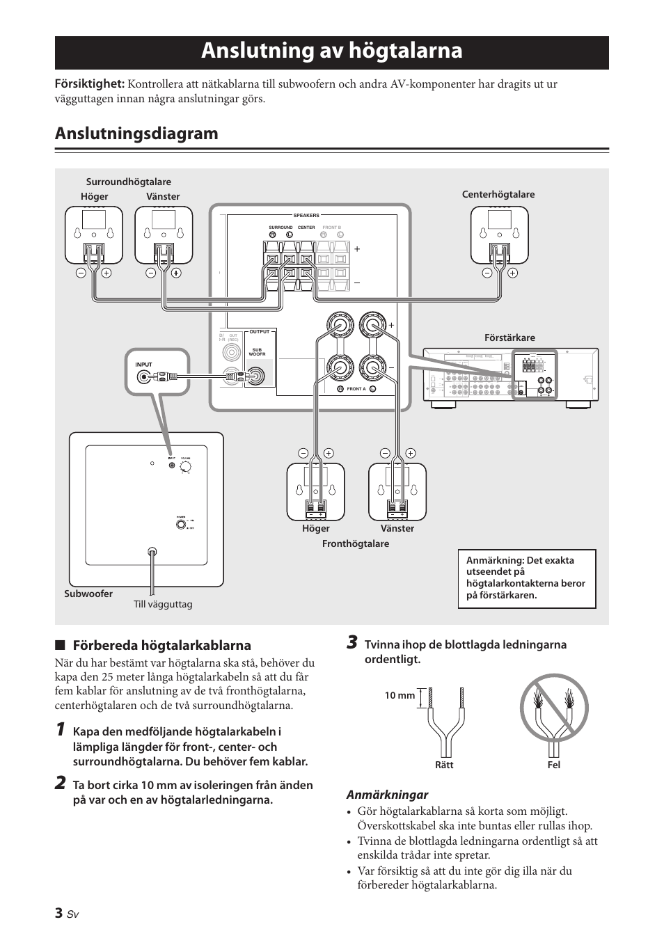 Anslutning av högtalarna, Anslutningsdiagram, Förbereda högtalarkablarna | Försiktighet, Anmärkningar | Yamaha NS-P280 User Manual | Page 30 / 68