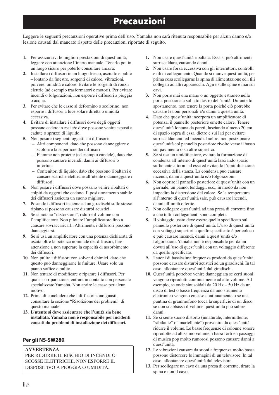 Italiano, Precauzioni | Yamaha NS-P280 User Manual | Page 34 / 68