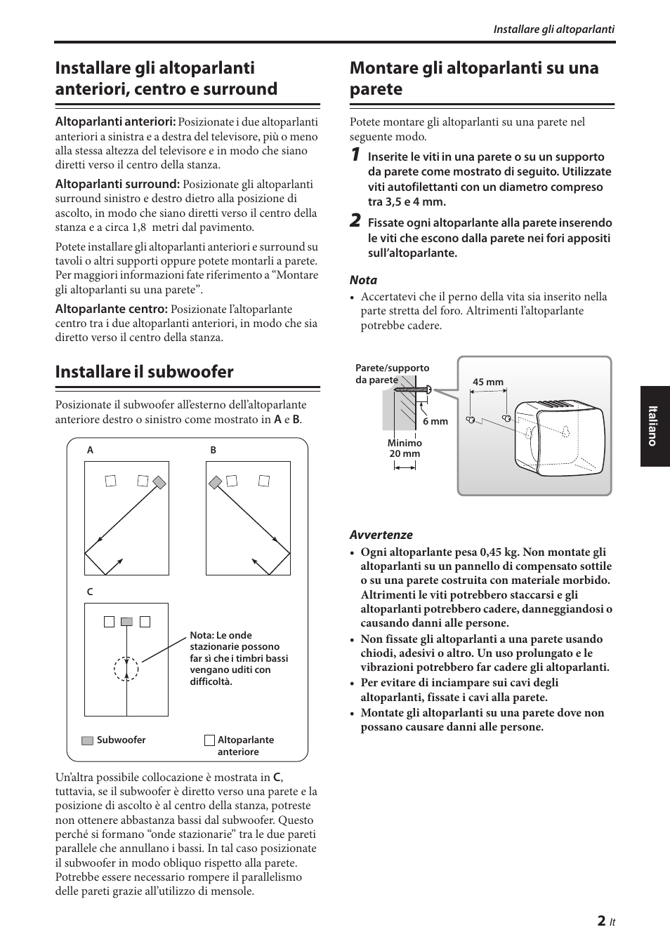 Installare il subwoofer, Montare gli altoparlanti su una parete, Installare gli altoparlanti anteriori, centro e | Surround | Yamaha NS-P280 User Manual | Page 37 / 68