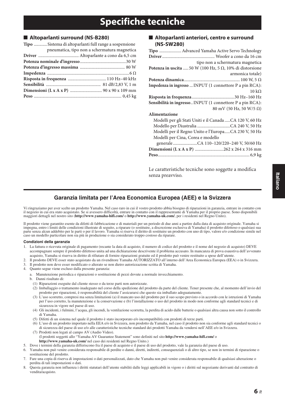 Specifiche tecniche | Yamaha NS-P280 User Manual | Page 41 / 68