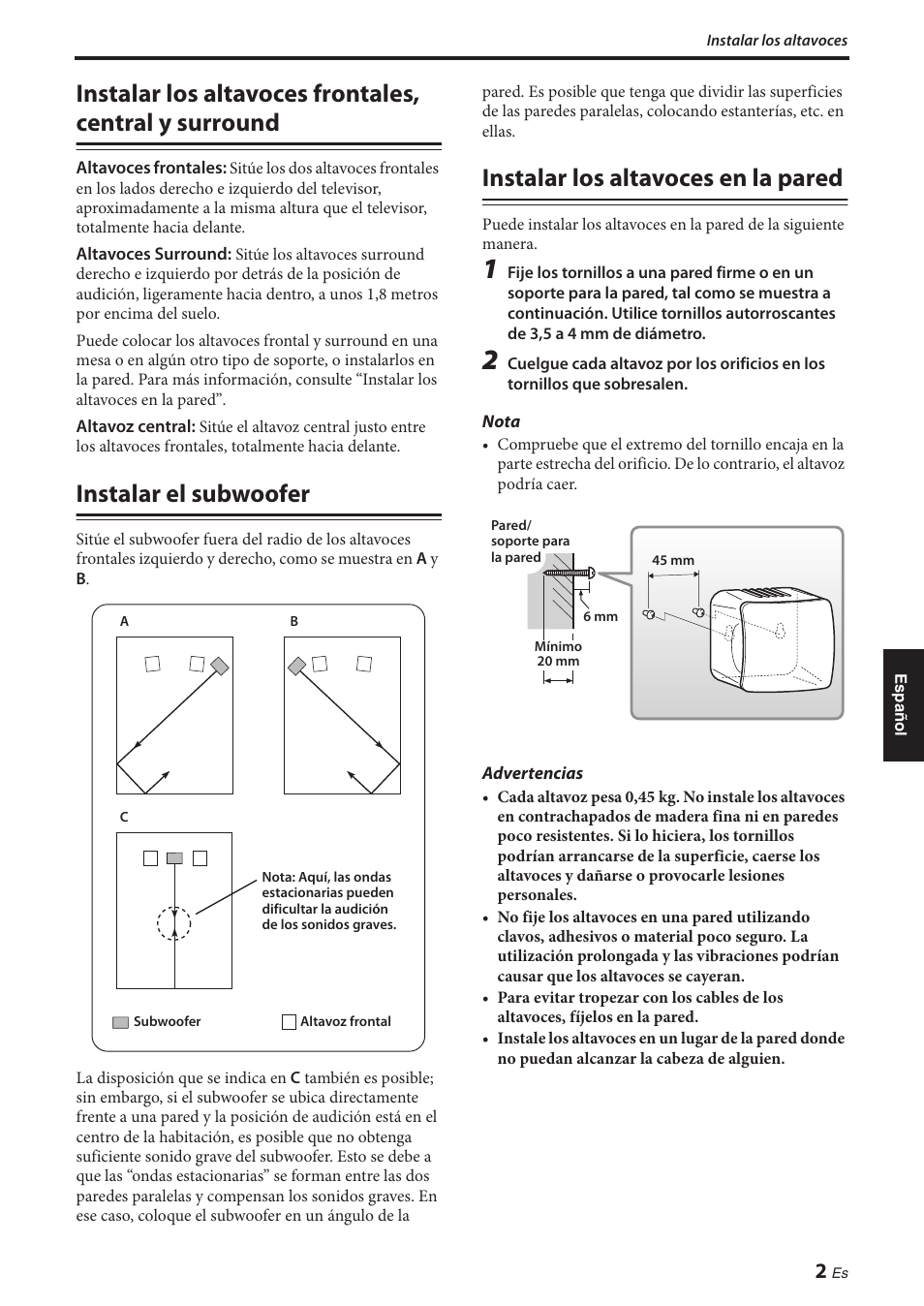 Instalar el subwoofer, Instalar los altavoces en la pared, Instalar los altavoces frontales, central y | Surround | Yamaha NS-P280 User Manual | Page 45 / 68