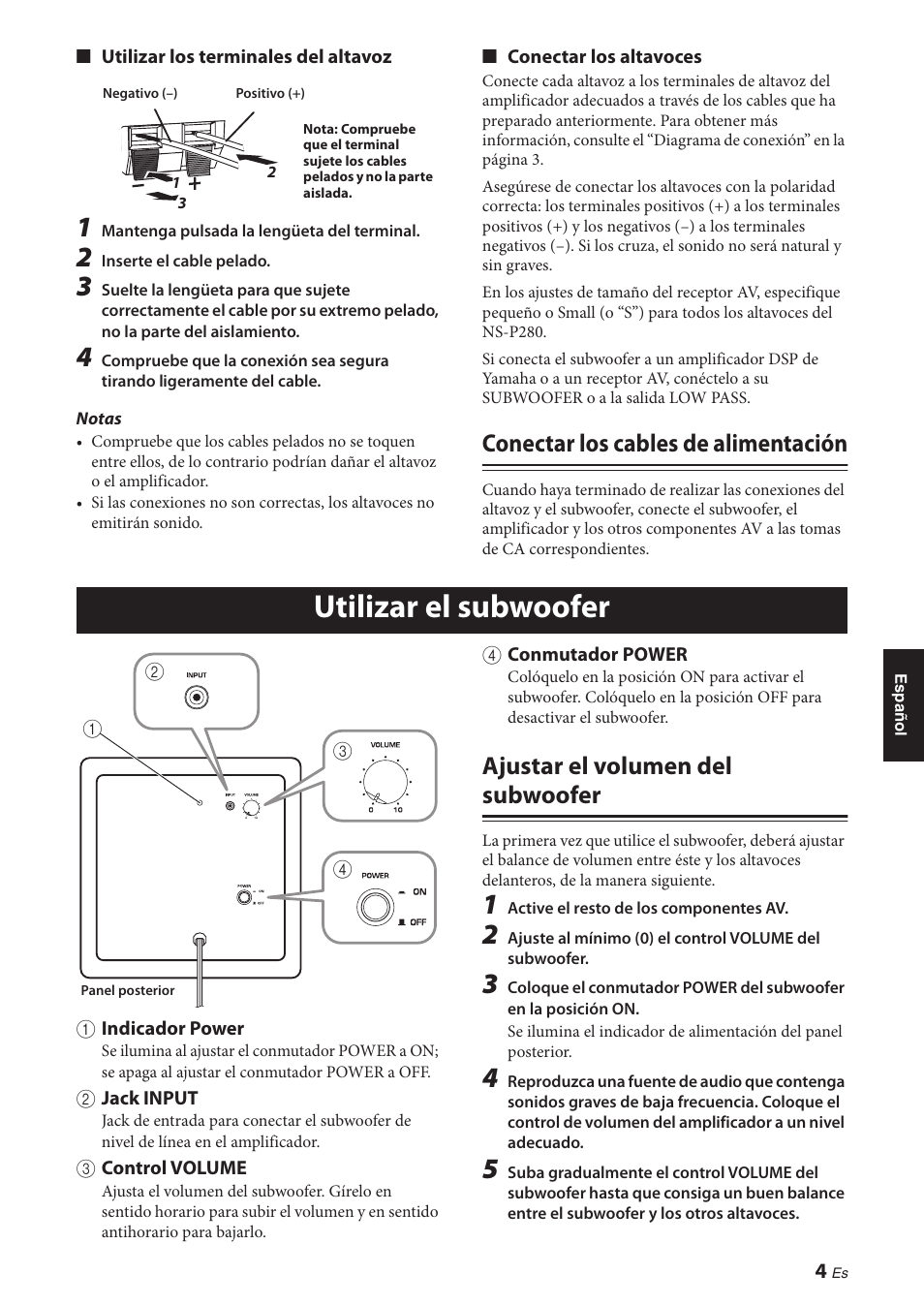 Conectar los cables de alimentación, Utilizar el subwoofer, Ajustar el volumen del subwoofer | Yamaha NS-P280 User Manual | Page 47 / 68