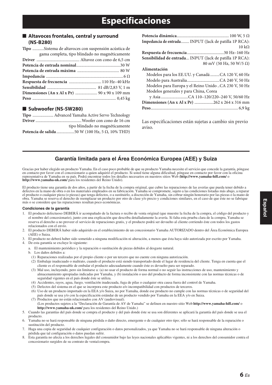 Especificaciones, Altavoces frontales, central y surround (ns-b280), Subwoofer (ns-sw280) | Yamaha NS-P280 User Manual | Page 49 / 68