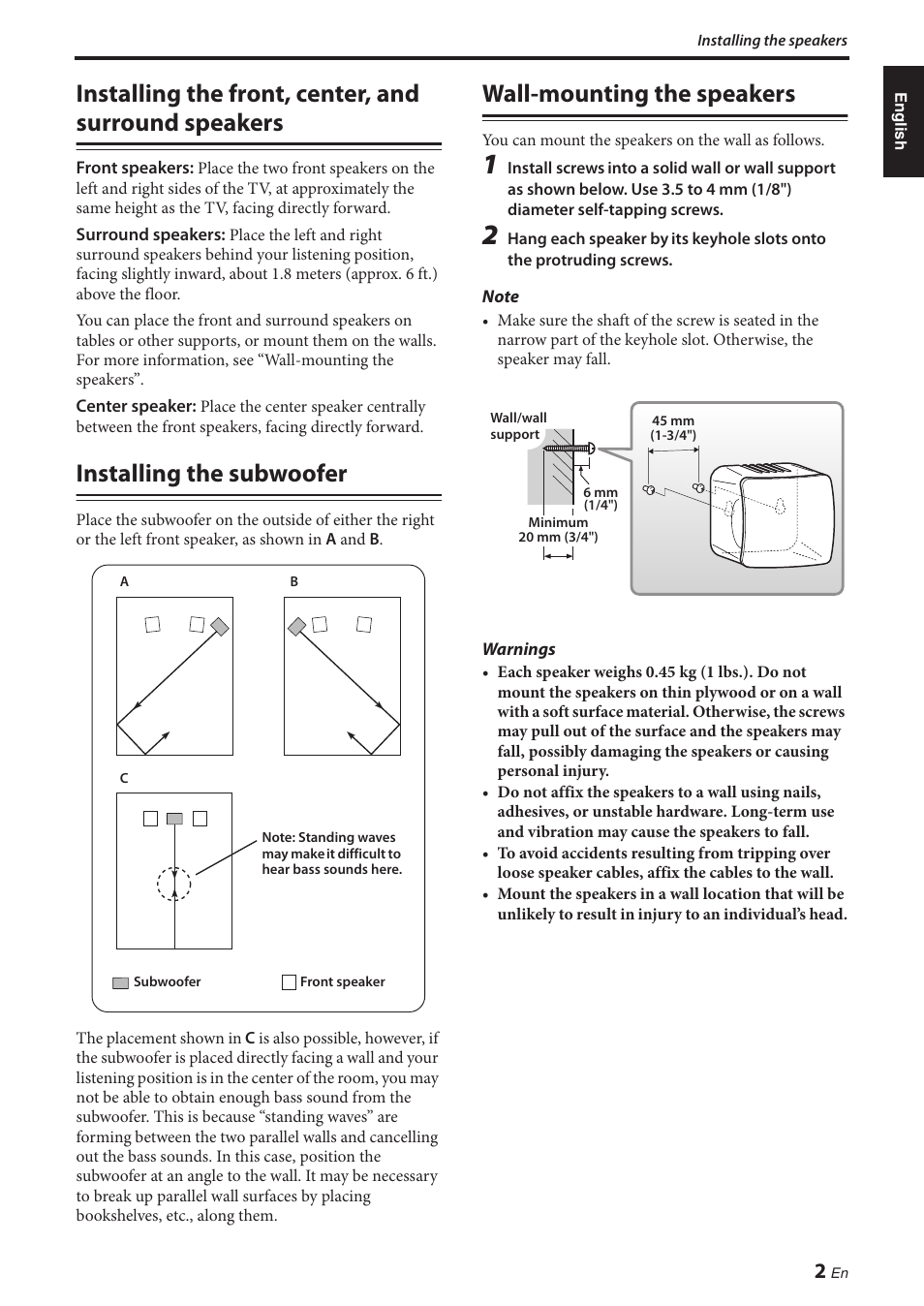 Installing the subwoofer, Wall-mounting the speakers, Installing the front, center, and surround | Speakers | Yamaha NS-P280 User Manual | Page 5 / 68