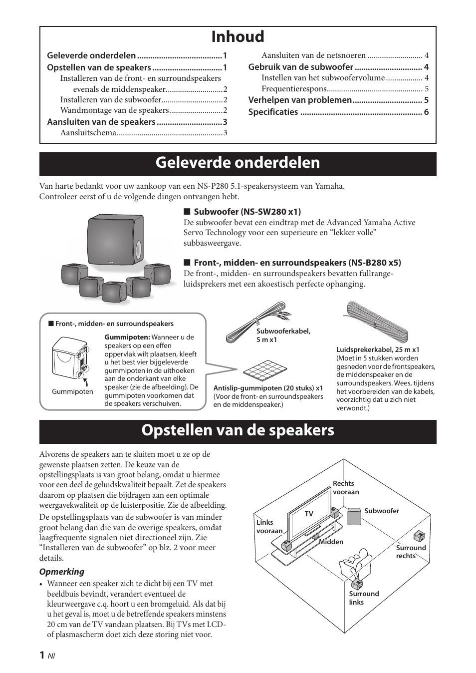 Inhoud, Geleverde onderdelen, Opstellen van de speakers | Geleverde onderdelen inhoud | Yamaha NS-P280 User Manual | Page 52 / 68