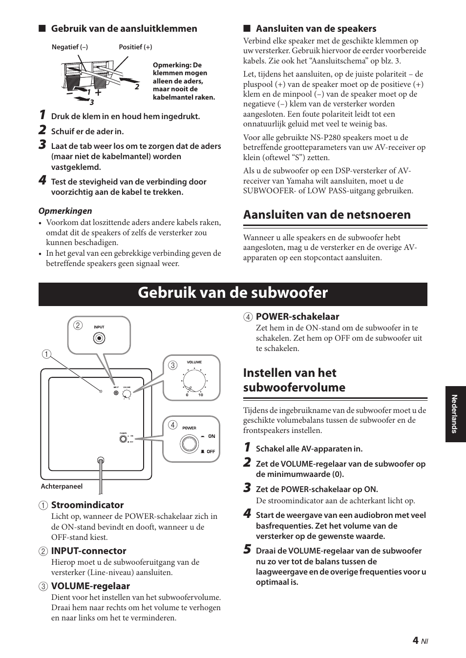 Aansluiten van de netsnoeren, Gebruik van de subwoofer, Instellen van het subwoofervolume | Yamaha NS-P280 User Manual | Page 55 / 68