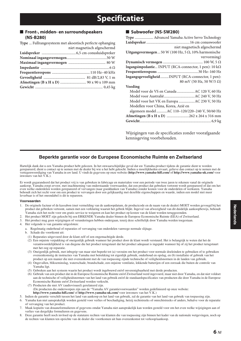 Specificaties | Yamaha NS-P280 User Manual | Page 57 / 68