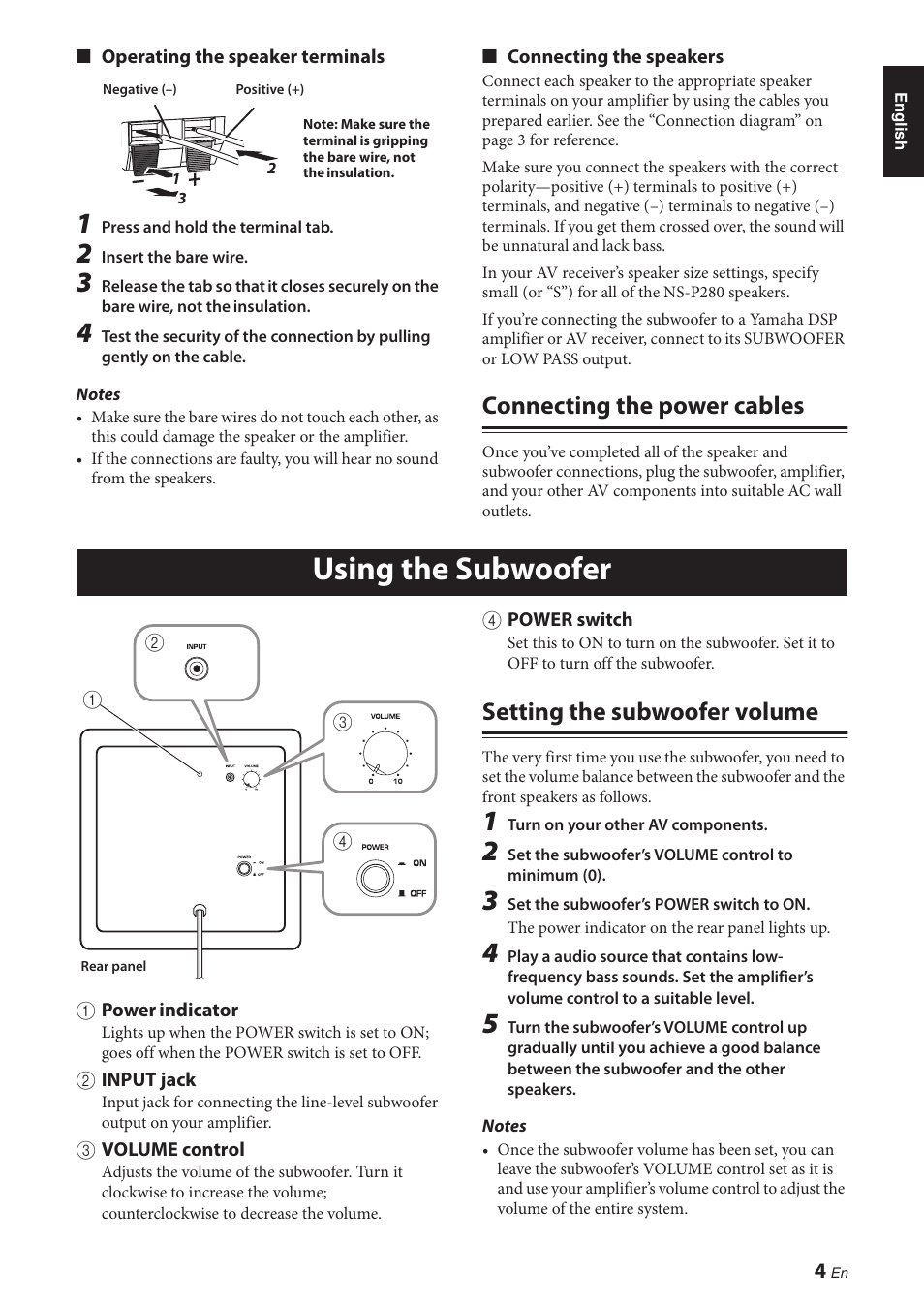 Connecting the power cables, Using the subwoofer, Setting the subwoofer volume | Yamaha NS-P280 User Manual | Page 7 / 68