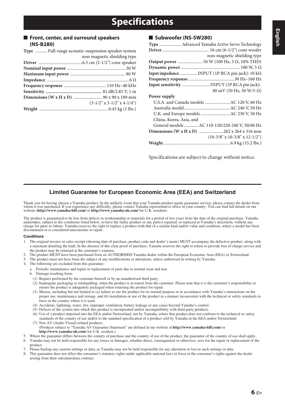 Specifications | Yamaha NS-P280 User Manual | Page 9 / 68