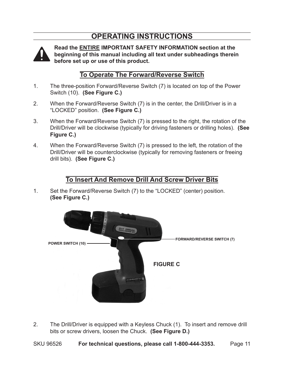 Operating instructions | Harbor Freight Tools DRILL MASTER 96526 User Manual | Page 11 / 18