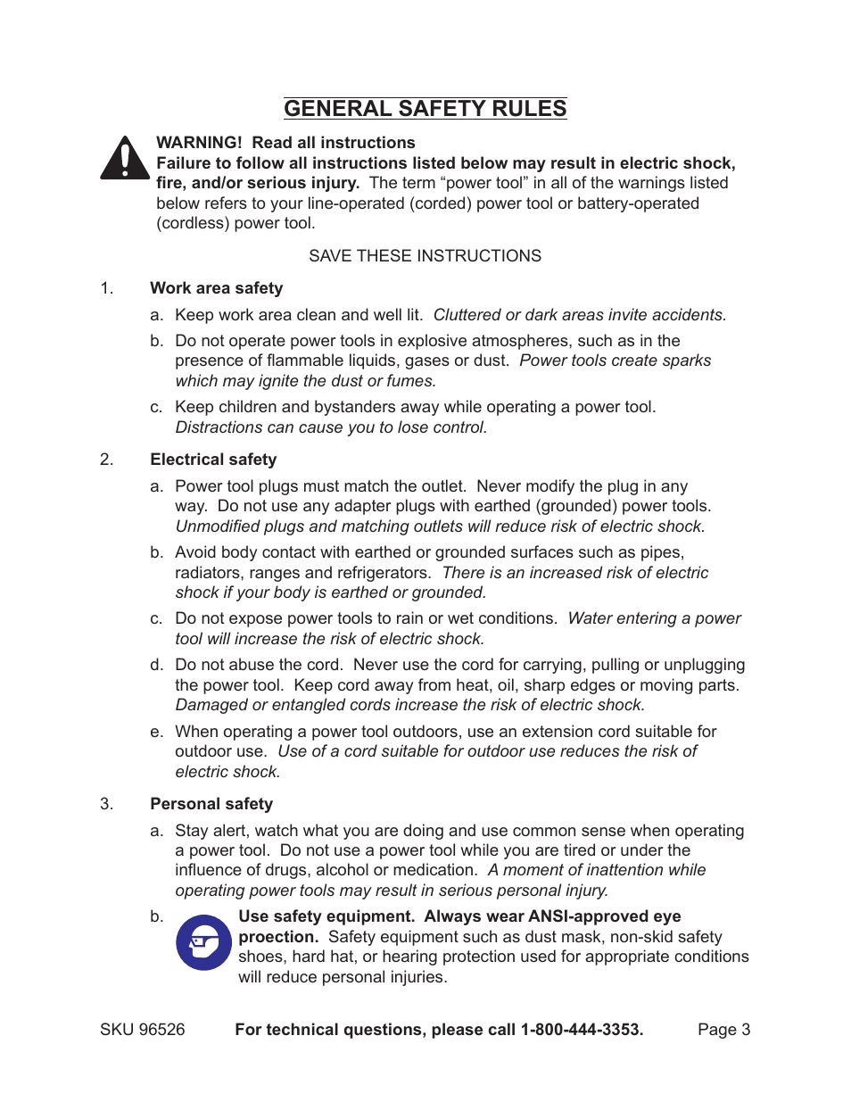 General safety rules | Harbor Freight Tools DRILL MASTER 96526 User Manual | Page 3 / 18