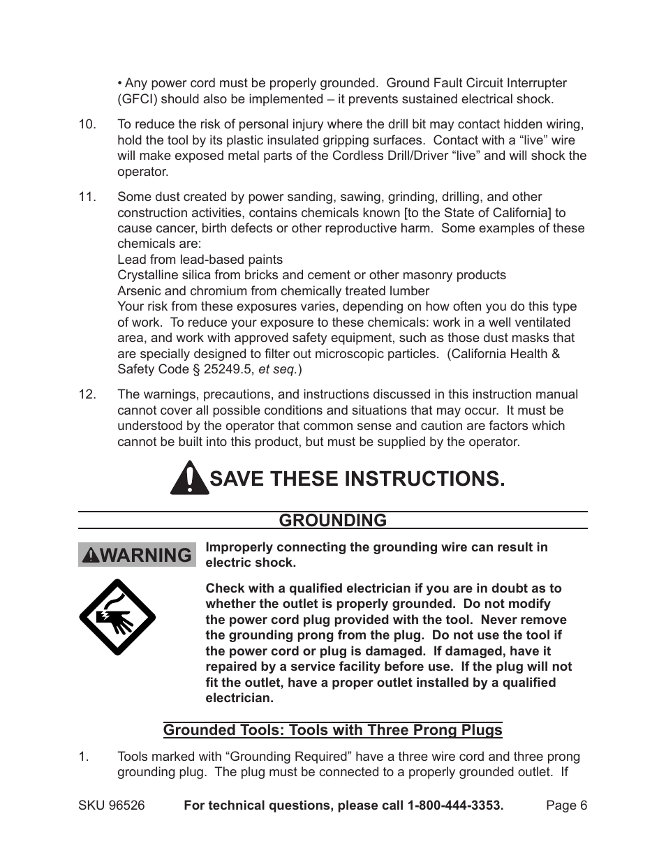 Save these instructions, Warning, Grounding | Harbor Freight Tools DRILL MASTER 96526 User Manual | Page 6 / 18