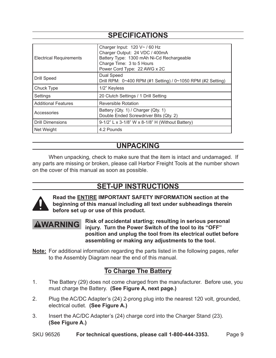 Warning, Specifications, Unpacking | Set-up instructions | Harbor Freight Tools DRILL MASTER 96526 User Manual | Page 9 / 18