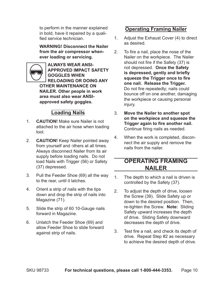 Operating framing nailer | Harbor Freight Tools 98733 User Manual | Page 10 / 16