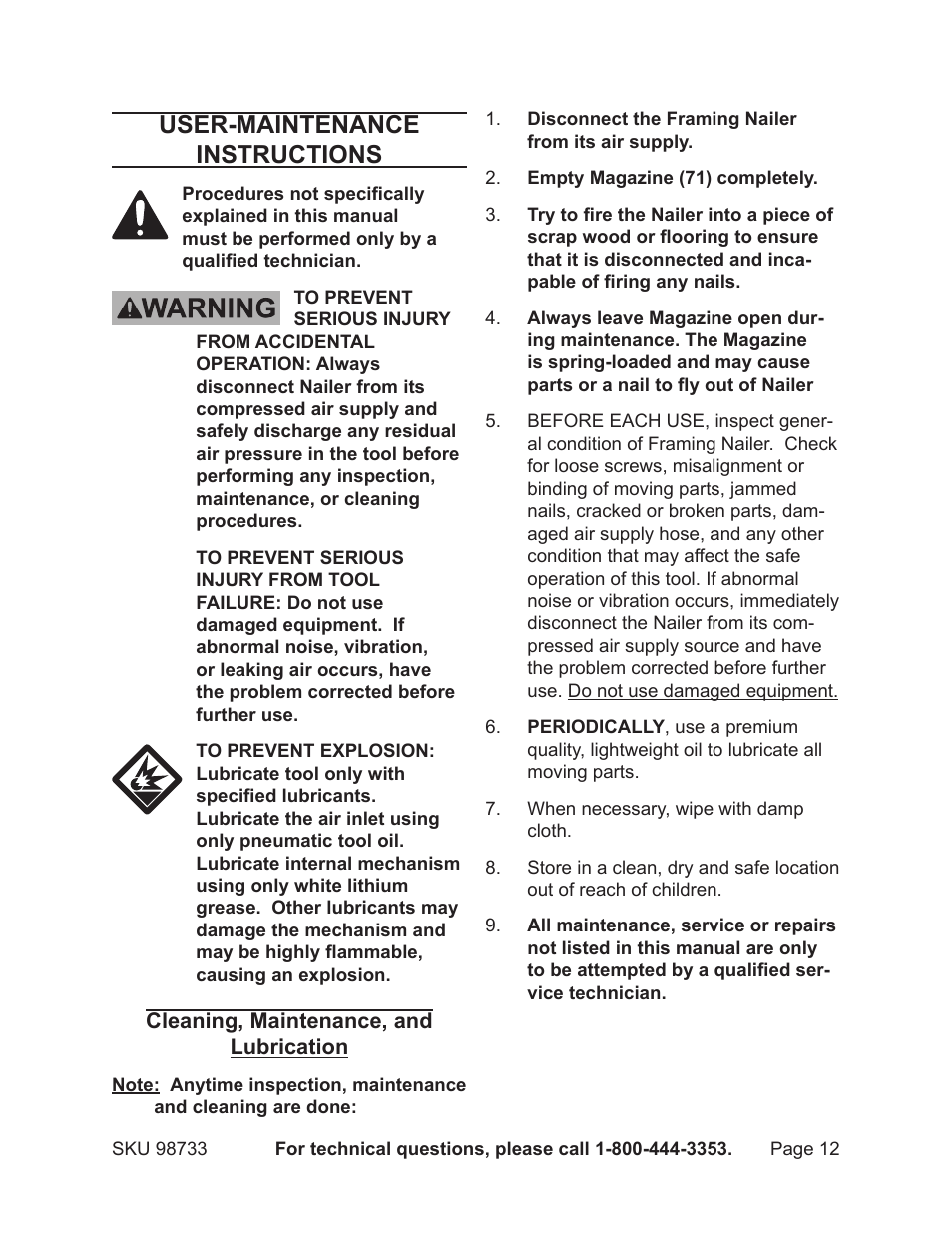 User-maintenance instructions | Harbor Freight Tools 98733 User Manual | Page 12 / 16