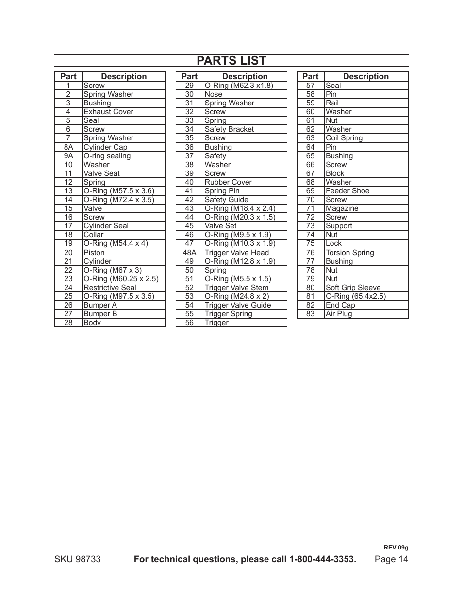 Parts list | Harbor Freight Tools 98733 User Manual | Page 14 / 16