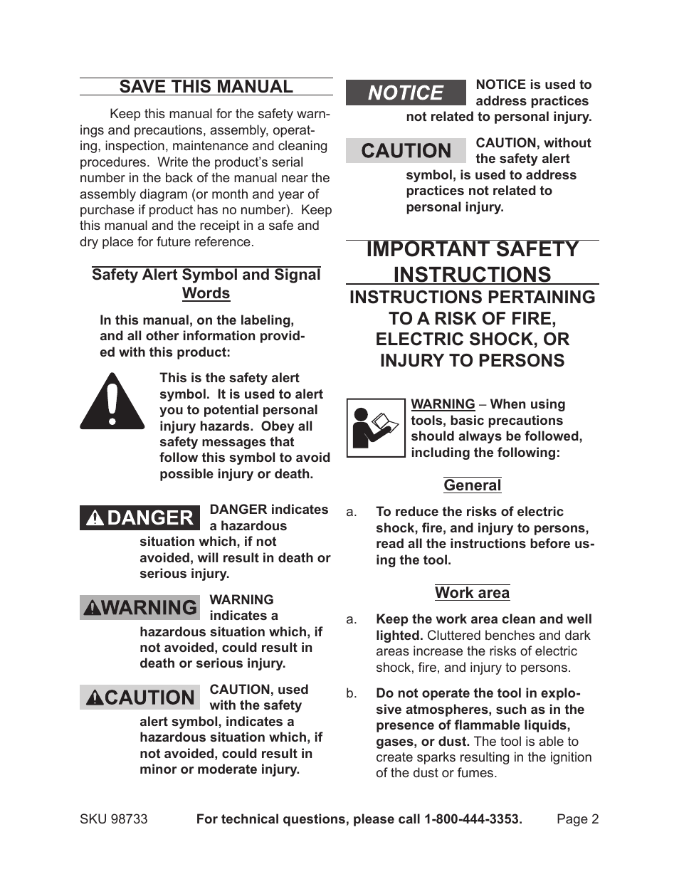 Important safety instructions, Save this manual | Harbor Freight Tools 98733 User Manual | Page 2 / 16