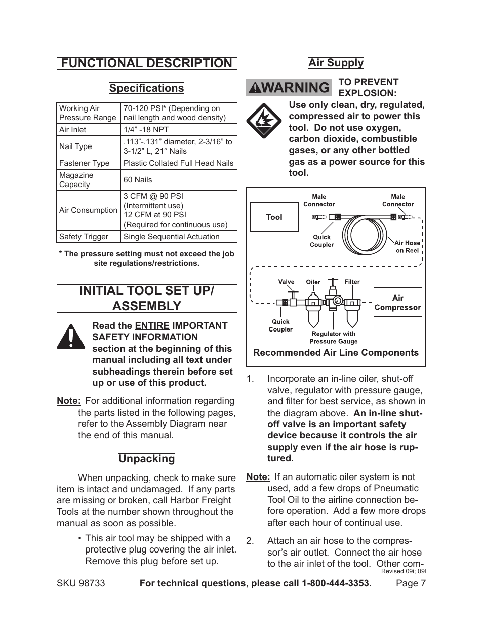 Functional description, Initial tool set up/ assembly, Specifications | Unpacking, Air supply | Harbor Freight Tools 98733 User Manual | Page 7 / 16