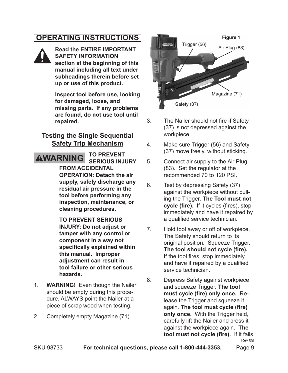 Operating instructions | Harbor Freight Tools 98733 User Manual | Page 9 / 16