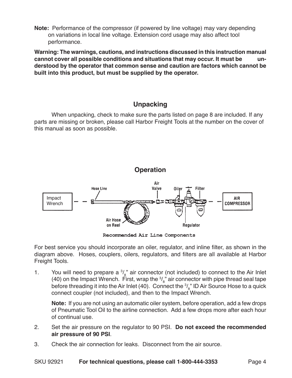 Unpacking, Operation | Harbor Freight Tools 92921 User Manual | Page 4 / 8