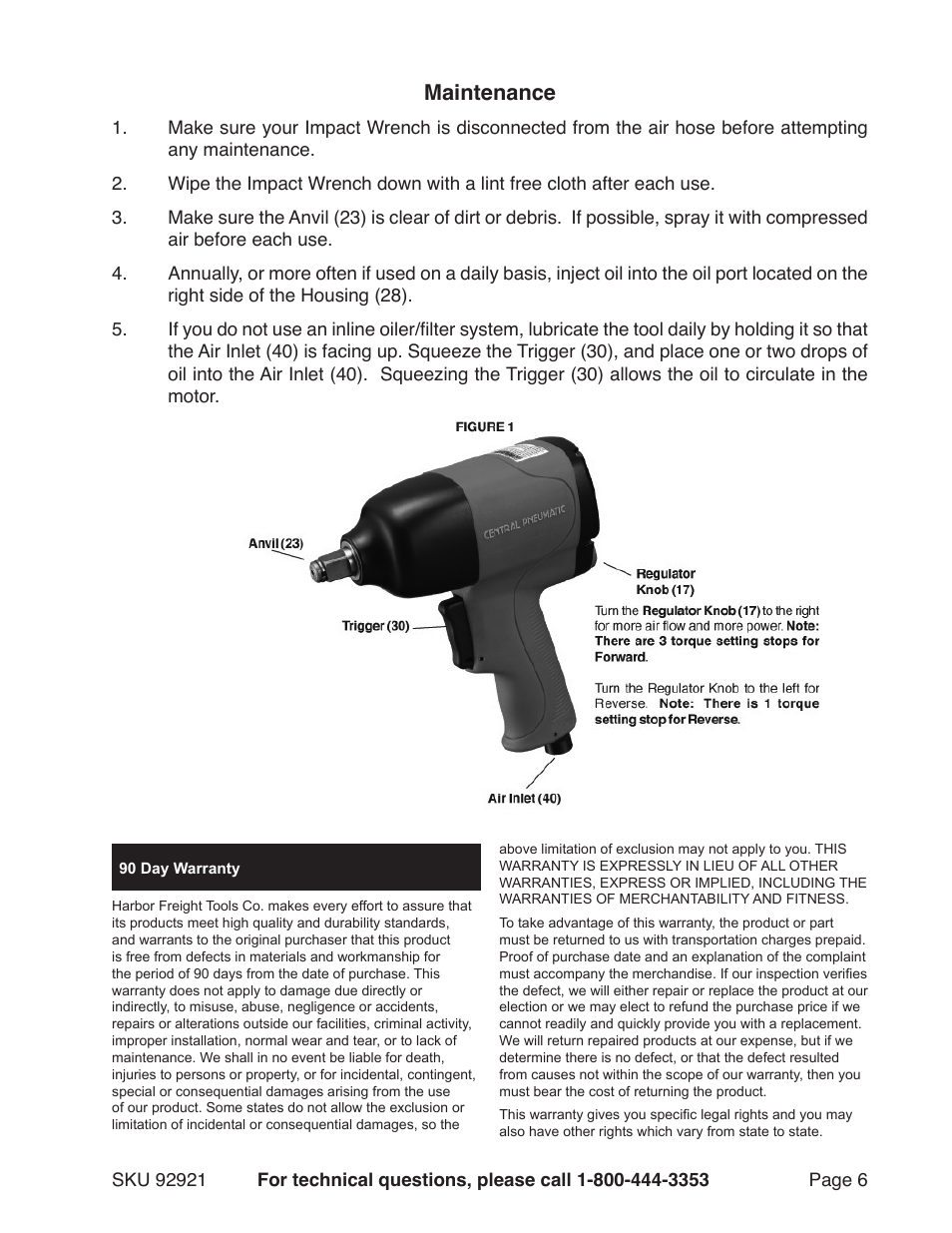 Maintenance | Harbor Freight Tools 92921 User Manual | Page 6 / 8